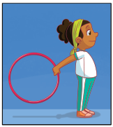 Imagem: Ilustração. Passo 3. Ela está de pé, segurando o arco com a mão esquerda com o braço estendido para trás. Fim da imagem.