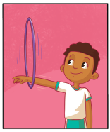 Imagem: Ilustração. Quatro crianças uniformizadas, exemplificando o movimento de Rotação em quatro movimentos. 1. Um menino está com o braço esquerdo estendido na lateral do corpo e um arco rodando no punho dele.  Fim da imagem.