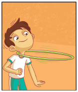 Imagem: Ilustração. 3. Um menino rodando o arco no pescoço.  Fim da imagem.