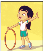 Imagem: Ilustração. 4. Uma menina com a mão esquerda no arco que está encostando no chão e o braço direito estendido na lateral do corpo.  Fim da imagem.