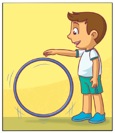 Imagem: Ilustração. Um menino uniformizado, exemplificado o Quicar. Ele está de pé de perfil com a mão direita estendida para frente, abaixo, arco rodando em movimento anti-horário.  Fim da imagem.