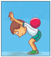 Imagem: Ilustração. 2. Um menino de perfil, com joelhos flexionados e braços estendidos para frente, uma bola passa pelas costas.  Fim da imagem.