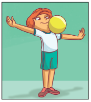 Imagem: Ilustração. 3. Um menino com os braços estendidos na lateral do corpo e a cabeça levemente inclinada para trás. Uma bola passa pelo ombro.  Fim da imagem.