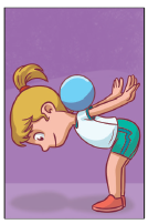 Imagem: Ilustração. Cinco crianças uniformizadas, exemplificam o equilibrar: 1. Uma menina de perfil, com o tronco inclinado para frente e as mãos estendidas para trás e uma bola nas costas.  Fim da imagem.