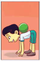 Imagem: Ilustração. 2. Um menino de perfil com tronco inclinado para frente com as mãos no chão e uma bola nas costas.  Fim da imagem.