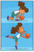 Imagem: Ilustração. 4. Uma menina de perfil e agachada segurando uma bola no chão. Abaixo, ela está com o pé esquerdo no chão, a perna direita estendida para trás, a mão esquerda estendida para frente, segurando a bola e a direita estendida na lateral do corpo.  Fim da imagem.
