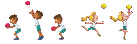 Imagem: Ilustração. Duas crianças uniformizadas, exemplificando Lançar e recuperar: O menino está de perfil segurando a bola com as mãos na frente do corpo e joelhos flexionados. Ele está com os braços estendidos para cima, acima, a bola no ar. O menino está de perfil segurando a bola com as mãos na frente do corpo e joelhos flexionados. Ao lado, uma menina com as pernas afastadas e a bola no ar. Ela está olhando na direção da bola. Ao lado, ela está com os braços erguidos para cima próximo a bola, com o pé esquerdo no chão e a perna direita flexionado com o pé para trás. Fim da imagem.