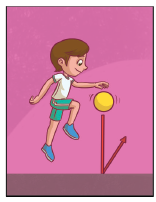 Imagem: Esquema. À esquerda, ilustração de duas crianças uniformizadas exemplificando o Quicar em dois movimentos: 1. Um menino de perfil com a mão direita estendida sobre uma bola, com as pernas afastadas em um salto. Uma seta indica o movimento da bola, do chão e para cima.  Fim da imagem.