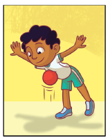 Imagem: Ilustração. 2. Um menino com o tronco inclinado para frente, com os braços estendidos na lateral do corpo. Entre o peito e chão a bola.  Fim da imagem.