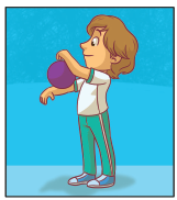 Imagem: ilustração de um menino uniformizado, exemplificando a Rotação: Ele está de pé, o braço esquerdo estendido para frente, segurando uma bola com a mão direita sobre o braço esquerdo.  Fim da imagem.