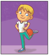 Imagem: Ilustração. uma menina uniformizada, exemplificando o Prensar: Ele está com o pé esquerdo no chão e perna direita flexionada para trás com uma bola entre o quadril e a perna, e as mãos na cintura.  Fim da imagem.