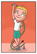 Imagem: Ilustração. 2. Um menino de pé, com as pernas cruzadas, a mão direita estendida para cima segurando uma corda que passa pelas costas na direção dos pés.  Fim da imagem.