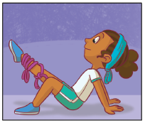 Imagem: Ilustração. 3. Uma menina sentada, com as mãos no chão. Com a perna esquerda estendida para cima, e uma corda em volta perna e o pé direito está apoiado no chão.  Fim da imagem.