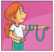Imagem: Ilustração. 4. Uma menina com o braço direito estendido na lateral do corpo, segurando uma ponta da corda com a mão direita, a corda em volta do braço e a outra ponta segurando com a mão esquerda.  Fim da imagem.