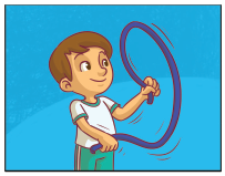 Imagem: Ilustração. À esquerda, um menino uniformizado. exemplificando Balancear: Ele segura uma ponta da corda em cada mão com os braços na frente do corpo. O braço direito alto e o esquerdo baixo.  Fim da imagem.