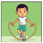 Imagem: Ilustração. um menino de pé, segurando com as mãos a corda aberta na frente do corpo, a perna esquerda flexionada para saltar. Fim da imagem.