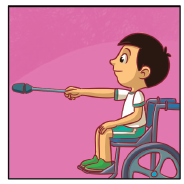 Imagem: Ilustração. Um menino uniformizado sentado em uma cadeira de rodas, exemplificando, Semicírculo em 3 passos: Passo 1. Ele está de perfil com braço esquerdo estendido para frente segurando a maça para frente.  Fim da imagem.