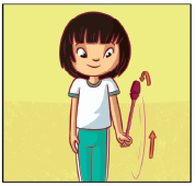 Imagem: Ilustração. 2. Uma menina com cabelos presos com os braços estendidos para baixo, segurando uma maça com a mão direita. A maça está voltada para cima. Uma seta indica o movimento circular da maça de cima para baixo.  Fim da imagem.