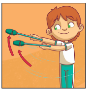 Imagem: Ilustração. 3. Um menino com cabelos lisos com os braços estendidos lateralmente para esquerda, segurando as maças com as mãos. Uma seta indica o movimento das maças para esquerda e para cima.  Fim da imagem.