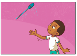 Imagem: Ilustração. um menino negro com cabelos lisos, uniformizado, exemplificando o Lançar e recuperar. Ele está de perfil com o braço esquerdo estendido com a palma da mão voltada para cima. Acima, na direção da mão, uma maça no ar.  Fim da imagem.