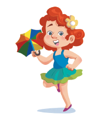 Imagem: Ilustração. Uma menina ruiva, exemplificando, Passo 4: Ela está em pé com o pé direito no chão e a perna esquerda flexionada com o pé para trás, segurando o guarda-chuva com a mão esquerda.  Fim da imagem.