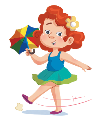 Imagem: Ilustração. Uma menina ruiva, exemplificando, Passo 5: Ela está em pé com o pé esquerdo no chão e a perna direita estendida na direção esquerda, segurando o guarda-chuva com a mão esquerda.  Fim da imagem.
