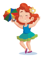 Imagem: Ilustração. Uma menina ruiva, exemplificando, Passo 6: Ela está em pé com as pernas esquerda com joelhos flexionados e os pés próximo ao chão na frente do pé direito, segurando o guarda-chuva com a mão esquerda.  Fim da imagem.