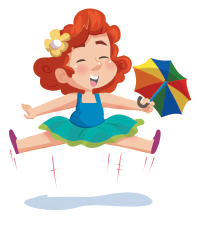 Imagem: Ilustração. A menina ruiva, exemplificando, o Passo 9. Ela está saltando com as pernas afastadas lateralmente, os braços estendidos próximo as pernas, segurando o guarda-chuva com a mão direita.     Fim da imagem.