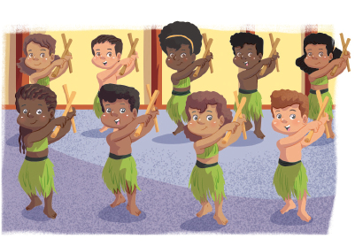 Imagem: Ilustração. Crianças, usando saias verdes.  Batidas individuais com formação em linha. Eles estão em duas linhas paralelas, segurando os bastões com as mãos, com os braços estendidos para o lado direto, cruzando os bastões.   Fim da imagem.