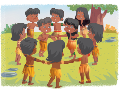 Imagem: Ilustração. Um grupo de crianças indígenas de mãos dadas fazendo uma roda. No centro um menino e uma menina de mãos dadas.  Fim da imagem.