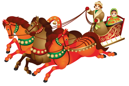 Imagem: Ilustração. Uma mulher usando um casaco, touca e luvas, ela está dentro de um trenó segurando a rédeas com três cavalos. Atrás, uma menina enrolada em um tecido.  Fim da imagem.