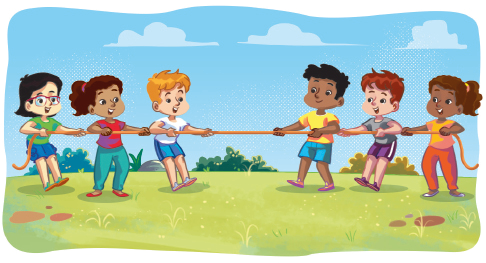 Imagem: Ilustração. À esquerda, um grupo de crianças segurando uma corda. À direita, outro grupo de crianças segurando a mesma corda na posição oposta.  Fim da imagem.