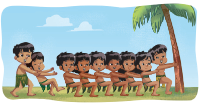 Imagem: Ilustração. À esquerda, um menino indígena segurando um outro menino indígena. Ao lado, uma fileira de crianças indígenas abraçadas pelas costas, a primeira abraça uma árvore.  Fim da imagem.
