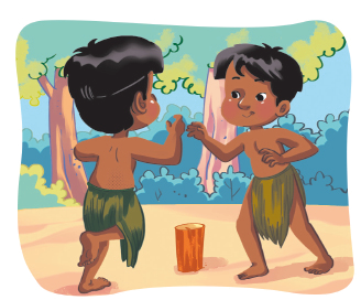 Imagem: Ilustração. Dois meninos indígenas, um de frente para outro com os braços estendidos para frente. No meio deles, um tronco.  Fim da imagem.