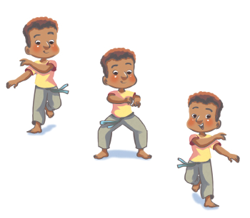 Imagem: Esquema. Um menino negro usando uma camiseta amarela, uma calça cinza e um cordão azul em volta da cintura, exemplificando a Ginga, em 3 movimentos: 1. Ele está de pé com o pé direito flexionado para trás e os braços voltados para o lado esquerdo. 2. Ele está com os dois pés no chão com as pernas afastadas e os joelhos flexionado com os braços na frente. 3. Ele está em pé com esquerdo para trás e os braços para o lado direito.  Fim da imagem.