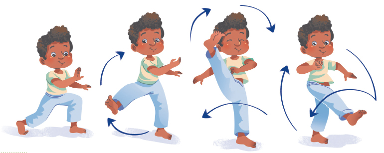 Imagem: Ilustração. Um menino negro com cabelos crespos em um topete, usando uma camiseta branca e uma calça azul, exemplificando, Meia-lua de frente, em 4 movimento. 1. Ele está com as pernas afastadas, a perna esquerda estendida para trás, a perna direita flexionada e os braços estendidos, o esquerdo para frente mostrando a palma da mão, o direito para o lado. 2. Ele está com a perna esquerda estendida lateralmente, com o braço esquerdo flexionado na frente do corpo, uma seta indica o movimento do pé para cima e para direita. 3. Ele está com a perna esquerda para cima na direção da cabeça, o pé direito no chão. Uma seta indica o movimento da perna para direita e para baixo. 4. Ele está com a perna esquerda estendida para direita, com o braço esquerdo flexionado próximo ao peito, e o pé direito no chão. Uma seta indica o movimento da perna da direita para cima em meia lua para esquerda.  Fim da imagem.