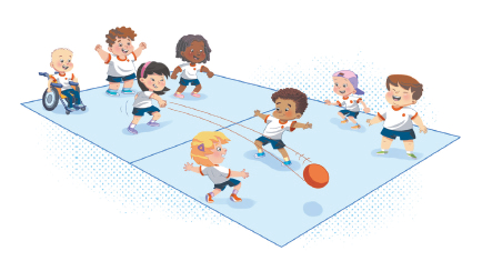Imagem: Ilustração. Um grupo de crianças uniformizadas em uma quadra. Uma criança do campo da esquerda, lança uma bola do campo da direita, que se inclinam desviando da bola. Elas sorriem.  Fim da imagem.