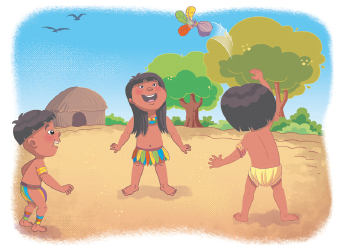 Imagem: Ilustração. Três crianças indígenas em roda, olhando uma peteca que está no ar.  Fim da imagem.