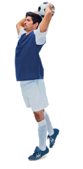 Imagem: Fotografia. Um homem com uniforme de futebol, segurando uma bola com as mãos na altura da cabeça. Fim da imagem.