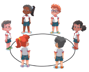 Imagem: Ilustração Círculo: Um grupo de crianças em círculo.  Fim da imagem.