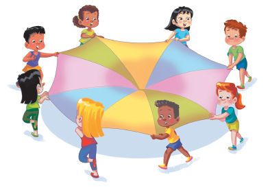 Imagem: Ilustração de um grupo de crianças em roda, segurando com as mãos, um paraquedas colorido.  Fim da imagem.