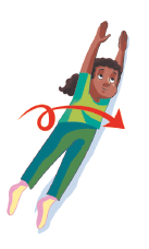 Imagem: Ilustração 2. Uma menina com cabelos cacheados usando camiseta e calça verde. Ela está de perfil deitada no chão com os braços estendidos na direção da cabeça e as pernas estendidas. Ao lado, uma seta, indica o movimento em rolamento looping  Fim da imagem.