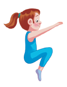Imagem: Ilustração. Uma menina com roupa azul e cabelos presos, exemplificando, Elementos ginásticos – saltos, em 4 movimentos. 1. Ele está saltando de perfil, com os braços estendidos para frente, com os joelhos flexionados para frente.  Fim da imagem.