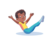 Imagem: Ilustração. Um menino negro usando camiseta, exemplificando, Elementos ginásticos – equilíbrios, em 7 movimentos: 1. Sentado, com os braços estendidos para cima e as pernas estendidas para cima.  Fim da imagem.