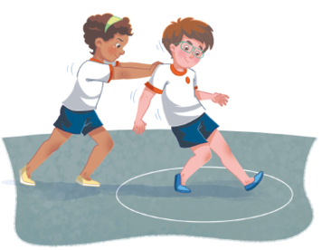 Imagem: Ilustração. Uma menina uniformizada com as mãos nas costas de um menino uniformizado com óculos, que está dentro de um círculo.  Fim da imagem.