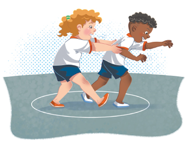 Imagem: Ilustração. Uma menina uniformizada com as mãos nas costas de um menino uniformizado. Eles estão dentro de um círculo no chão. Fim da imagem.