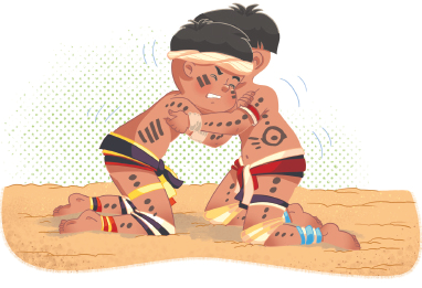 Imagem: Ilustração. Dois meninos indígenas com o corpo pintado. Eles estão de joelhos e de frente para o outro com os braços entrelaçados  Fim da imagem.
