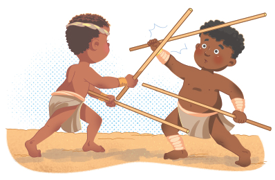 Imagem: Ilustração. Duas crianças uniformizadas uma de frente para a outra segurando um bastão puxando para trás. Fim da imagem.