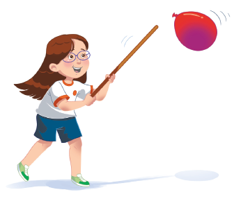 Imagem: Ilustração. Uma menina usando óculos e uniforme, segurando um bastão na direção de uma bexiga no ar.  Fim da imagem.