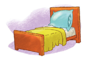 Ilustração. Uma cama e acima há um cobertor amarelo e um travesseiro azul. 